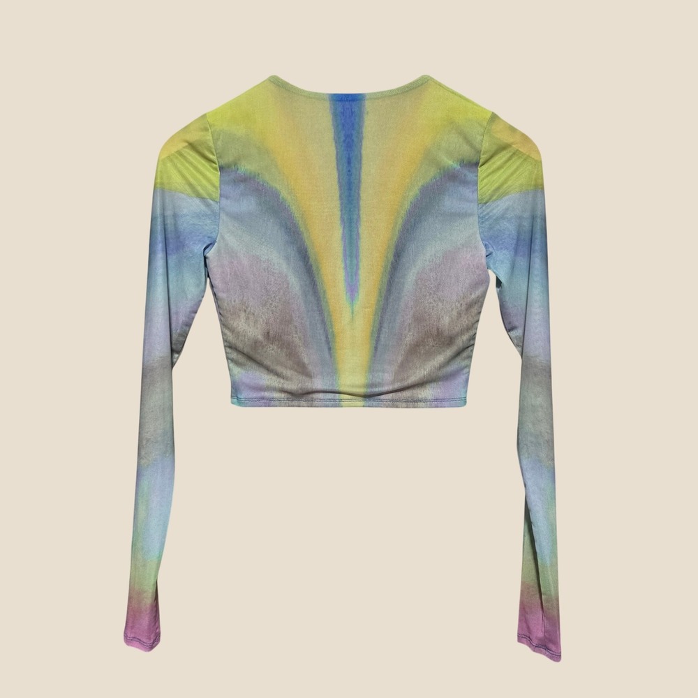 AFRM Womens Tie Dye Mesh Crop Top Long Sleeve Button Front Multi Color XS - Picture 5 of 11